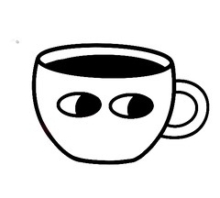 Illustration of a mug of coffee with eyes looking to the right